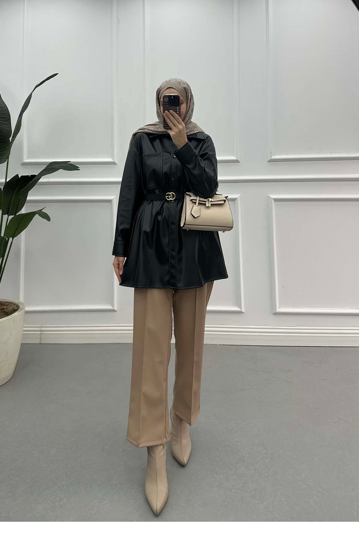 Sare Fashion Leather Shirt Black