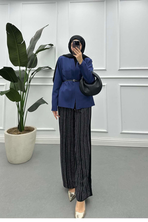 Sare Fashion Leather Belt Detailed Lined Jacket Indigo