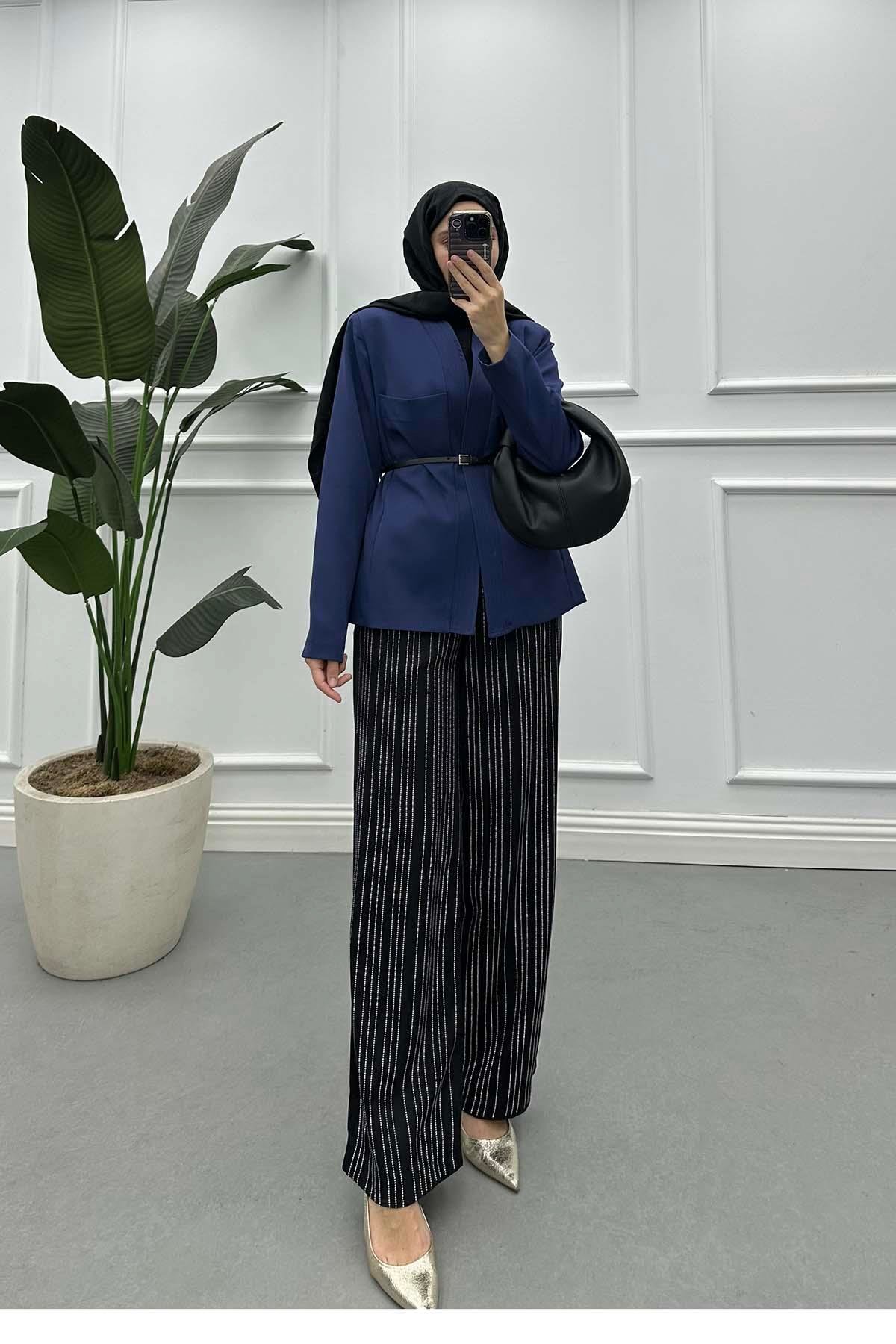 Sare Fashion Leather Belt Detailed Lined Jacket Indigo