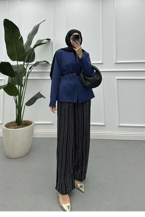 Sare Fashion Leather Belt Detailed Lined Jacket Indigo