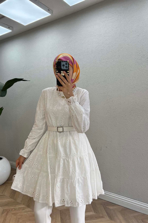 Sare Fashion Leather Belted Festoon Tunic White