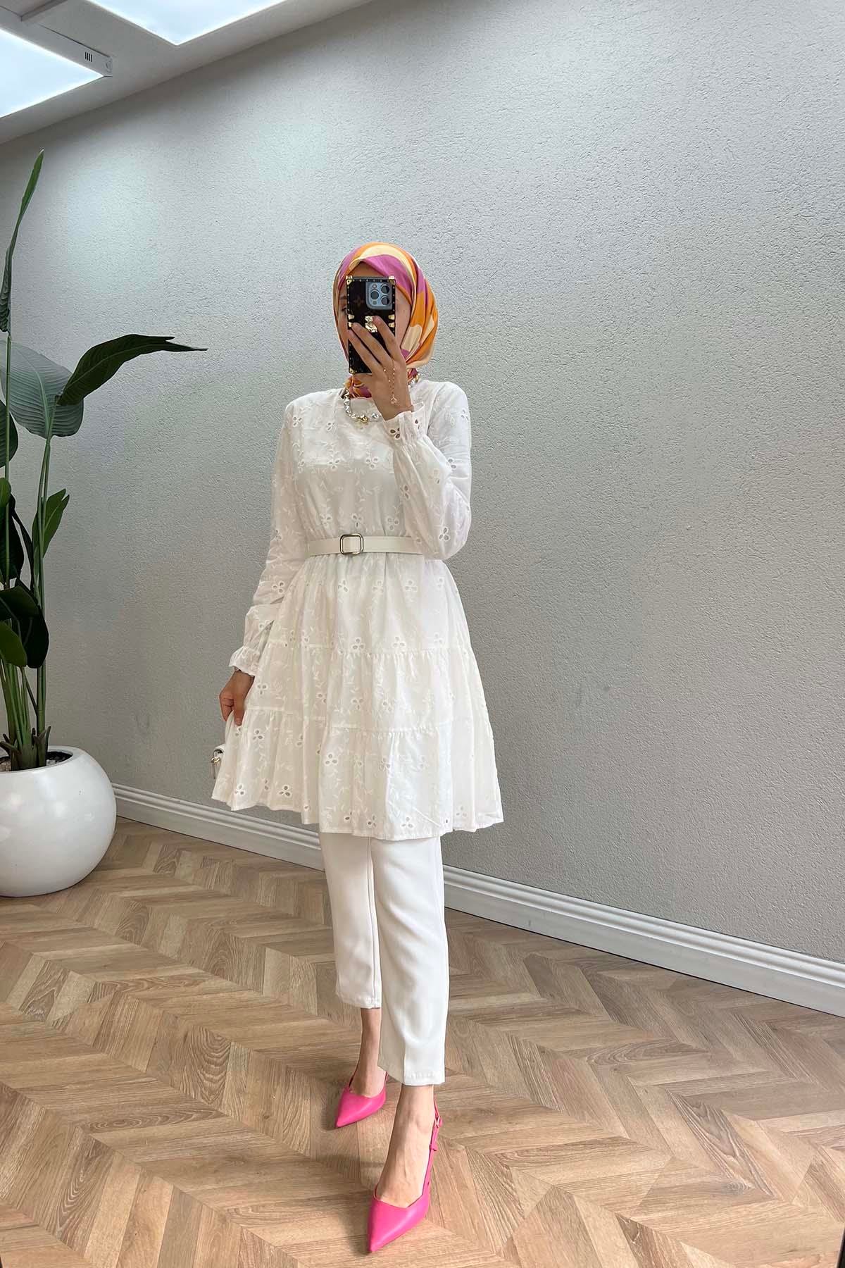 Sare Fashion Leather Belted Festoon Tunic White