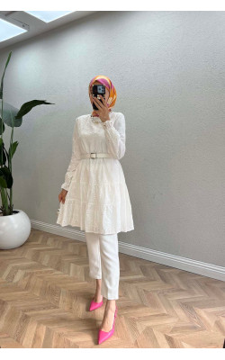 Sare Fashion Leather Belted Festoon Tunic White