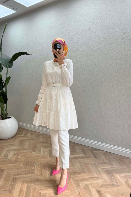 Sare Fashion Leather Belted Festoon Tunic White