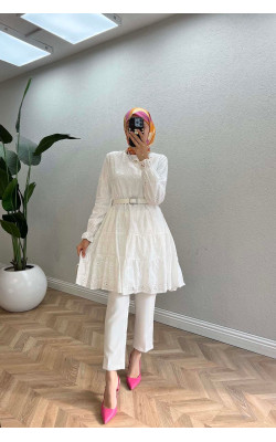 Sare Fashion Leather Belted Festoon Tunic White