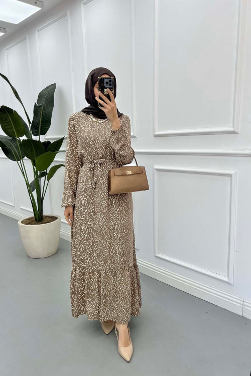 Sare Fashion Patterned Tie Dress Brown