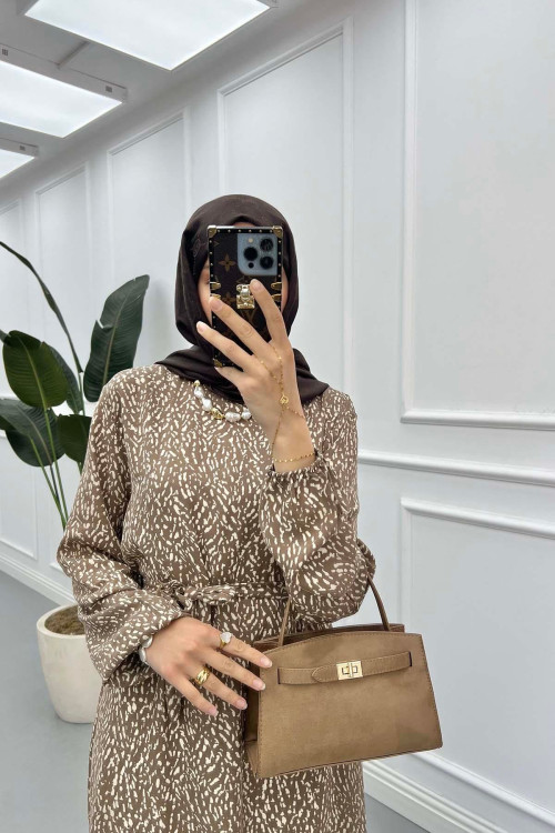 Sare Fashion Patterned Tie Dress Brown