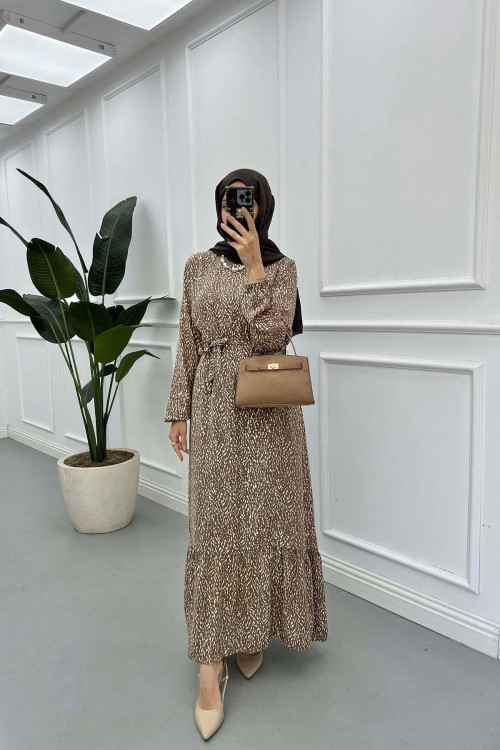 Sare Fashion Patterned Tie Dress Brown