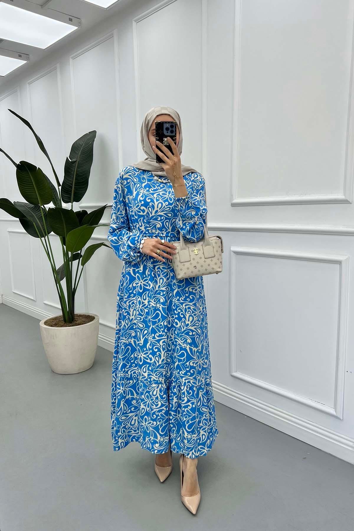 Sare Fashion Patterned Tie Dress Blue