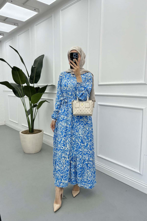 Sare Fashion Patterned Tie Dress Blue