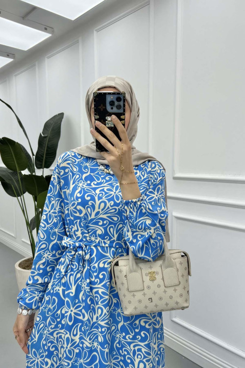 Sare Fashion Patterned Tie Dress Blue