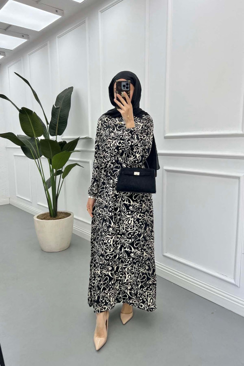 Sare Fashion Patterned Tie Dress Black