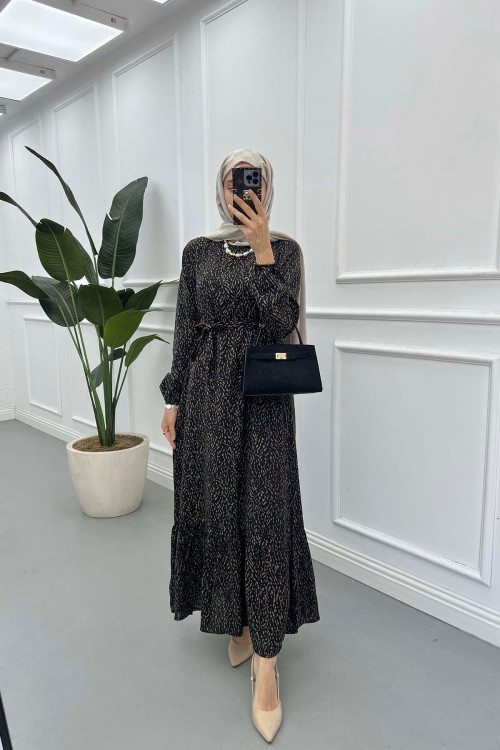 Sare Fashion Patterned Tie Dress Black