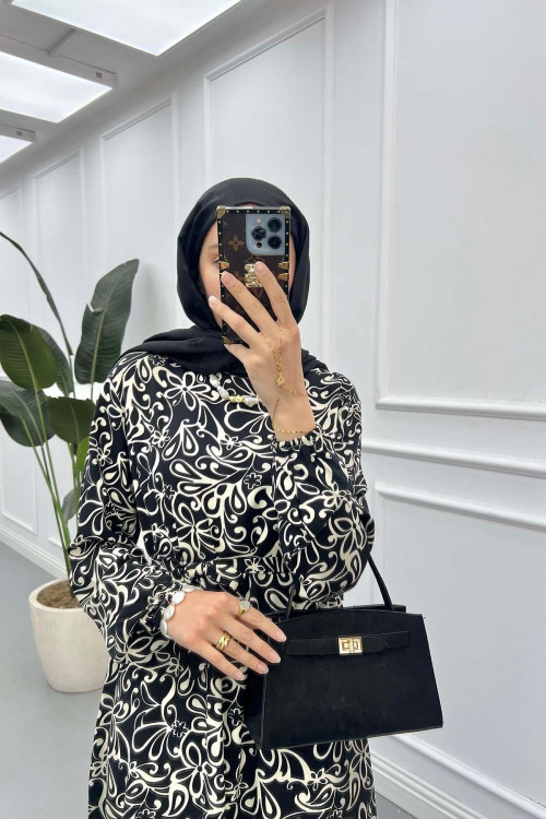 Sare Fashion Patterned Tie Dress Black