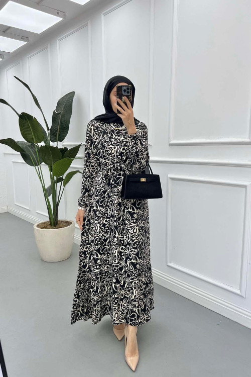 Sare Fashion Patterned Tie Dress Black