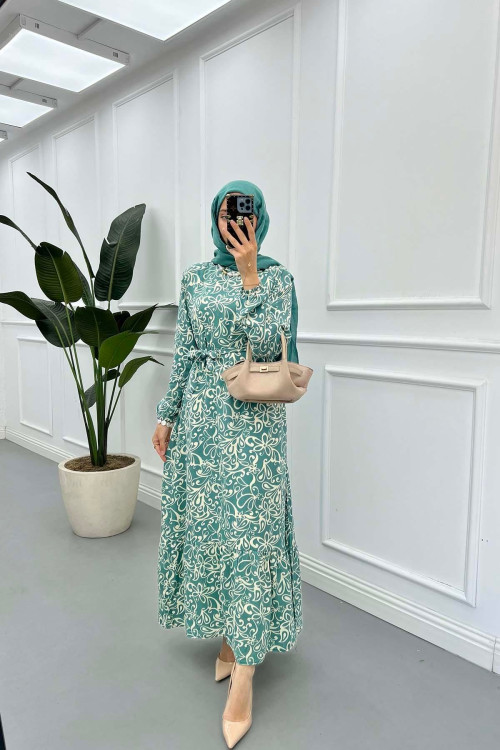 Sare Fashion Patterned Tie Dress Green