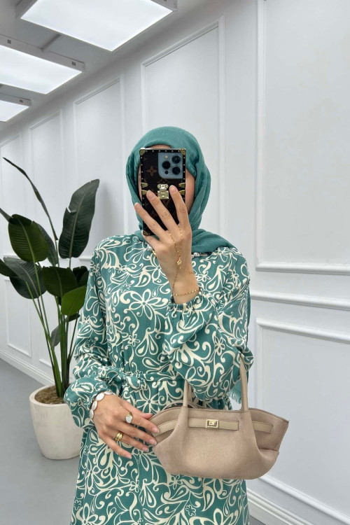 Sare Fashion Patterned Tie Dress Green