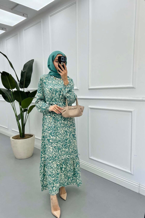 Sare Fashion Patterned Tie Dress Green