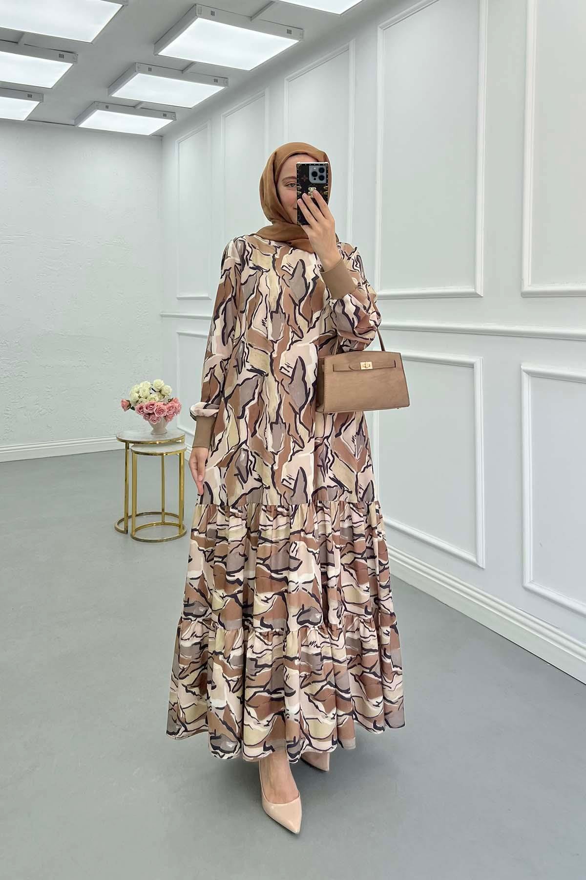 Sare Fashion Patterned Efsun Dress Brown