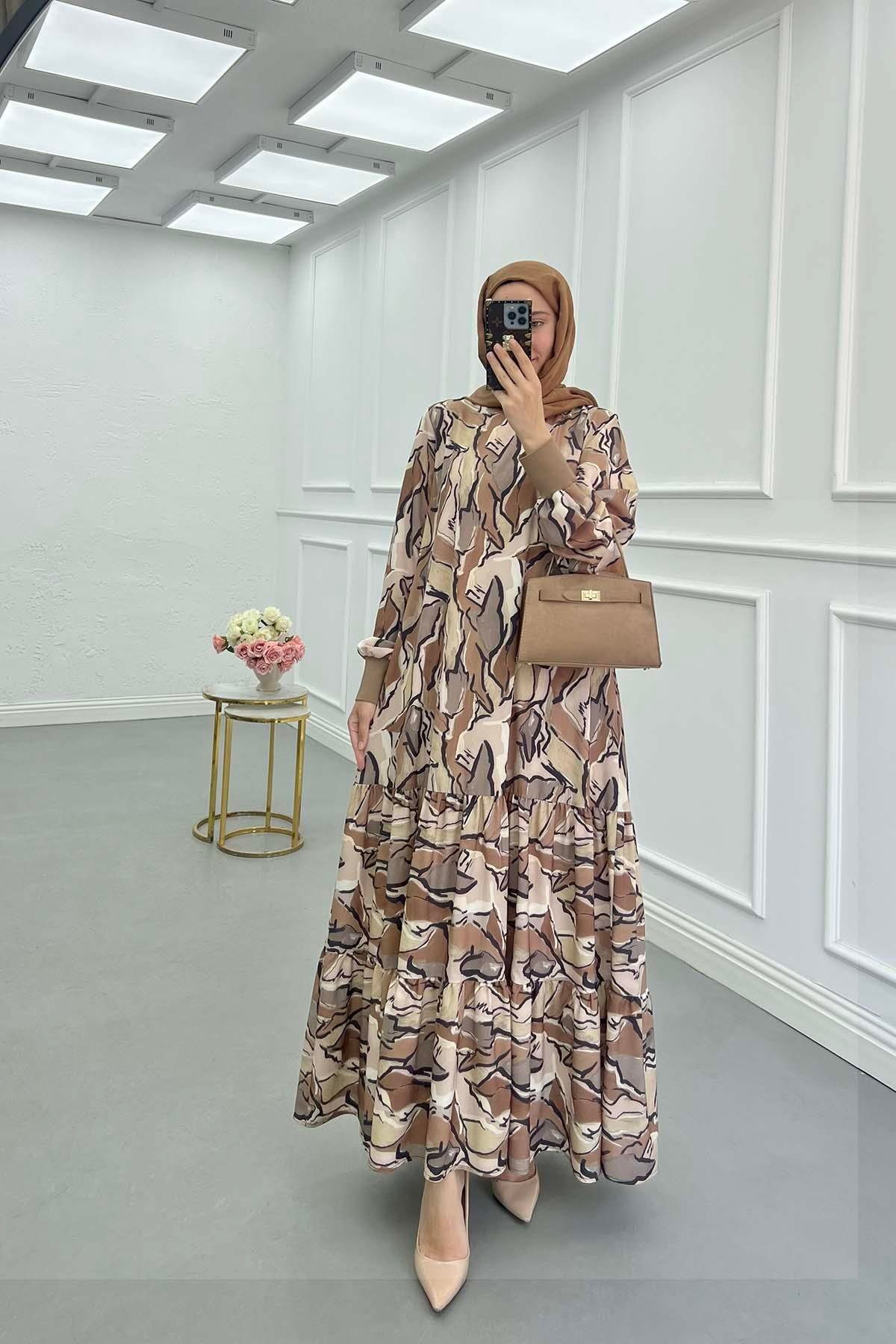 Sare Fashion Patterned Efsun Dress Brown