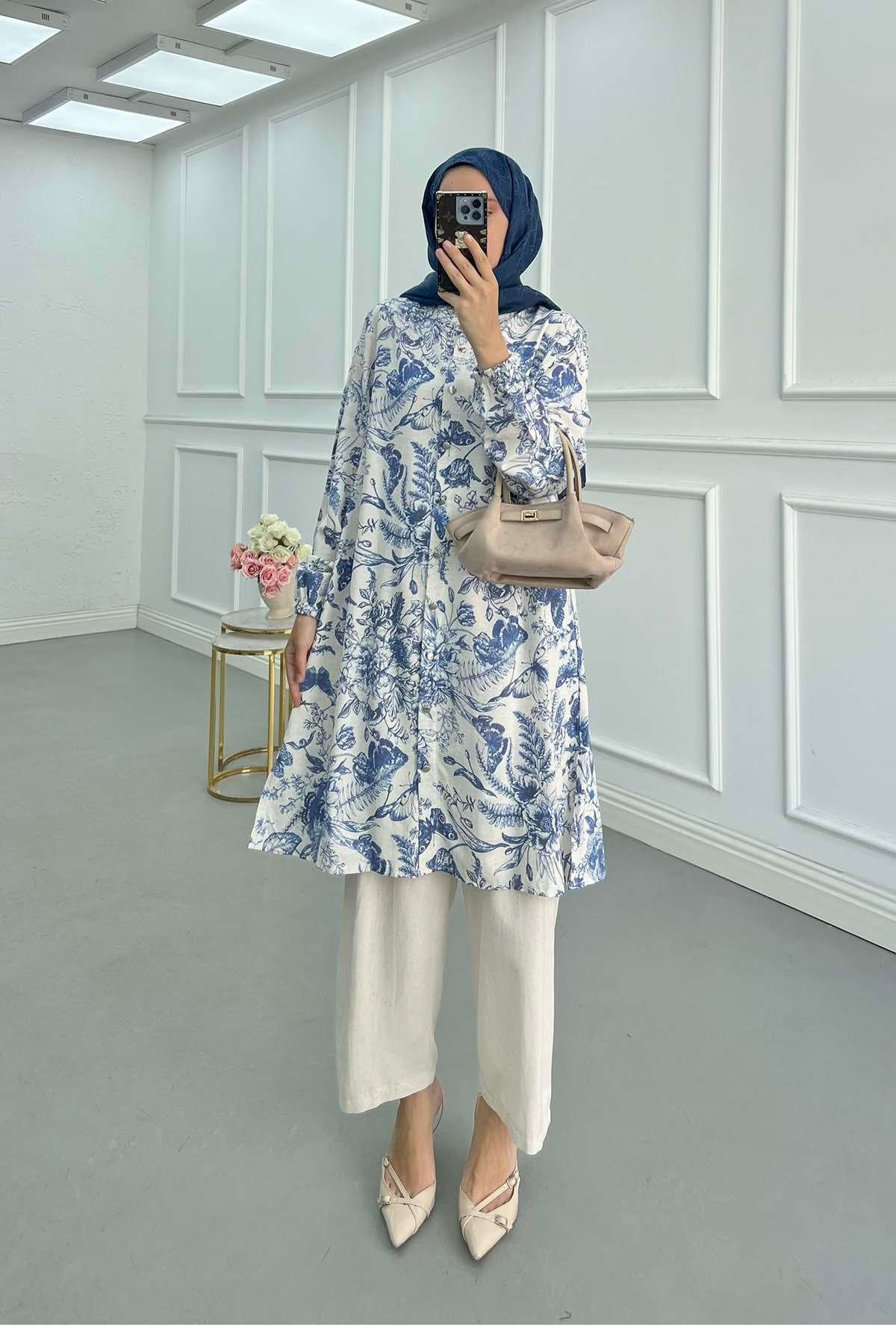 Sare Fashion Patterned Linen Suit Blue