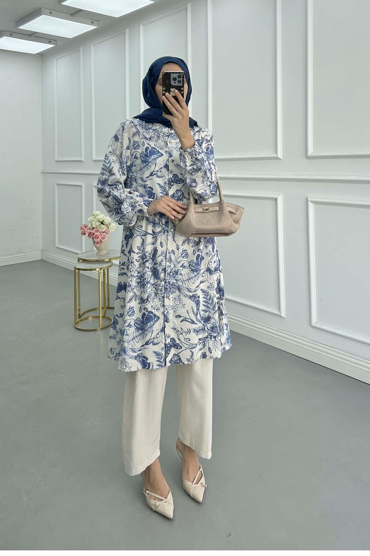 Sare Fashion Patterned Linen Suit Blue