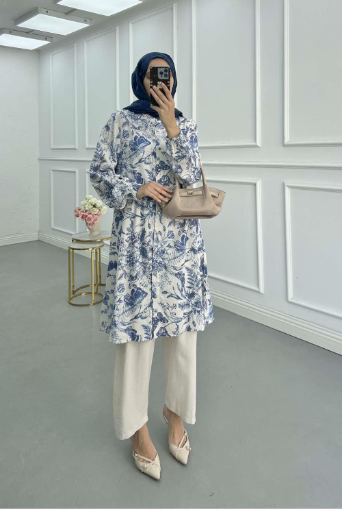 Sare Fashion Patterned Linen Suit Blue