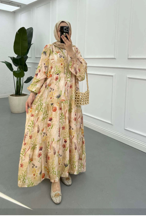 Sare Fashion Patterned Mango Dress Beige