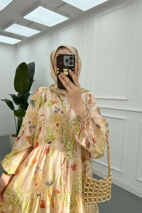 Sare Fashion Patterned Mango Dress Beige