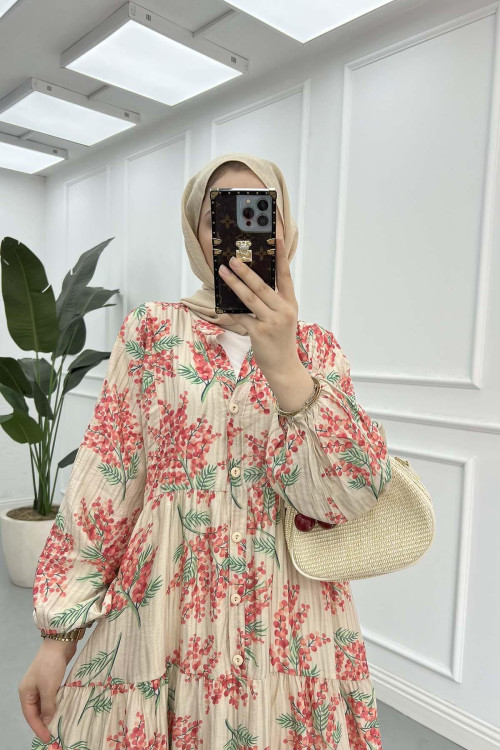 Sare Fashion Patterned Mango Dress Beige - Red