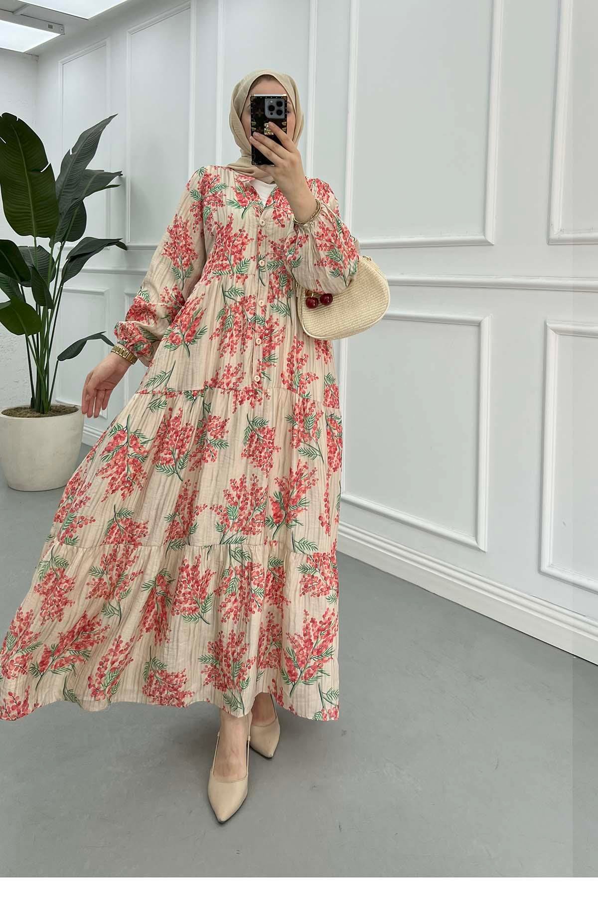 Sare Fashion Patterned Mango Dress Beige - Red