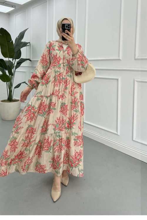 Sare Fashion Patterned Mango Dress Beige - Red