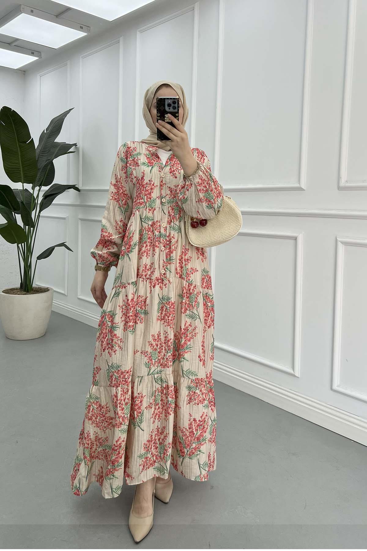 Sare Fashion Patterned Mango Dress Beige - Red Sare Fashion Patterned Mango Dress Beige - Red