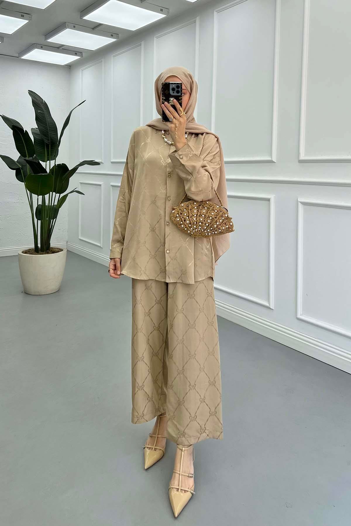 Sare Fashion Patterned Satin Suit Beige