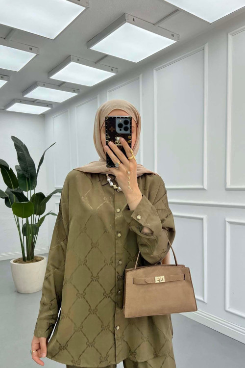 Sare Fashion Patterned Satin Suit Khaki