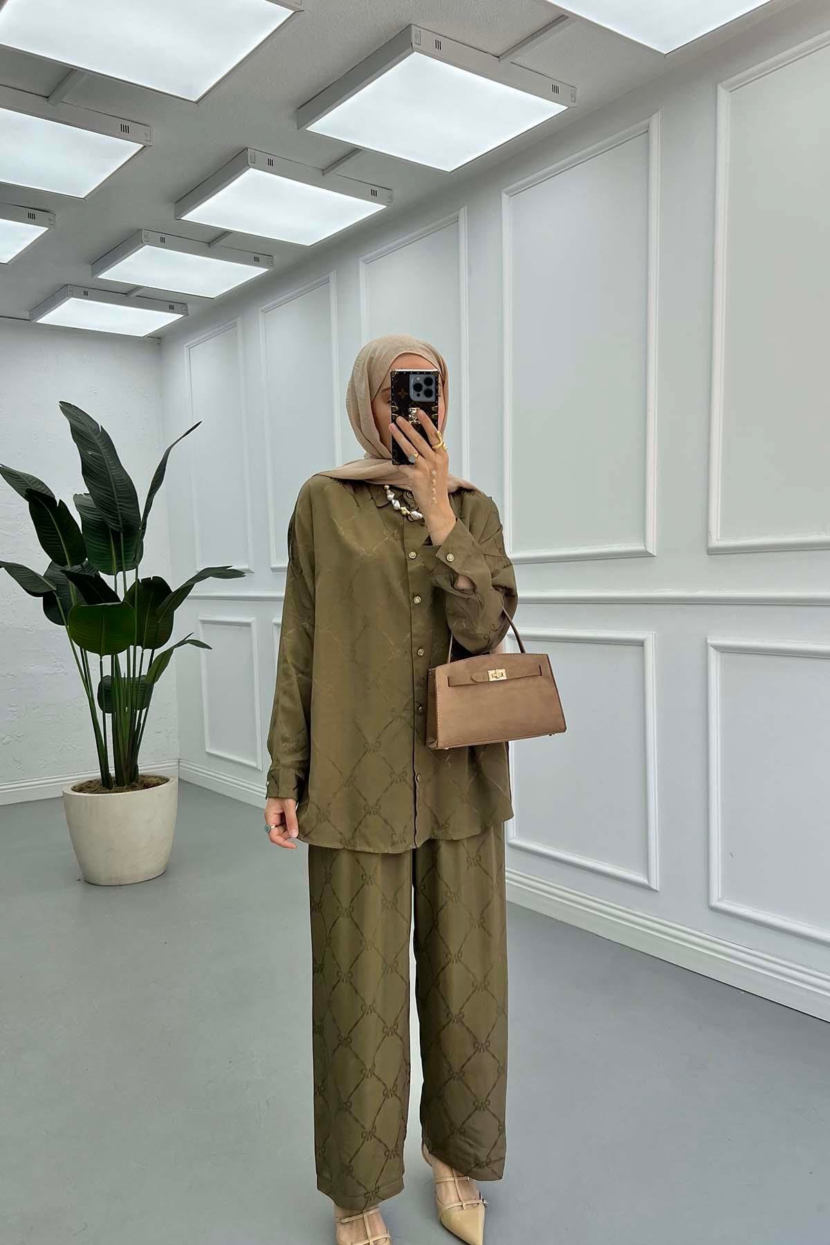 Sare Fashion Patterned Satin Suit Khaki