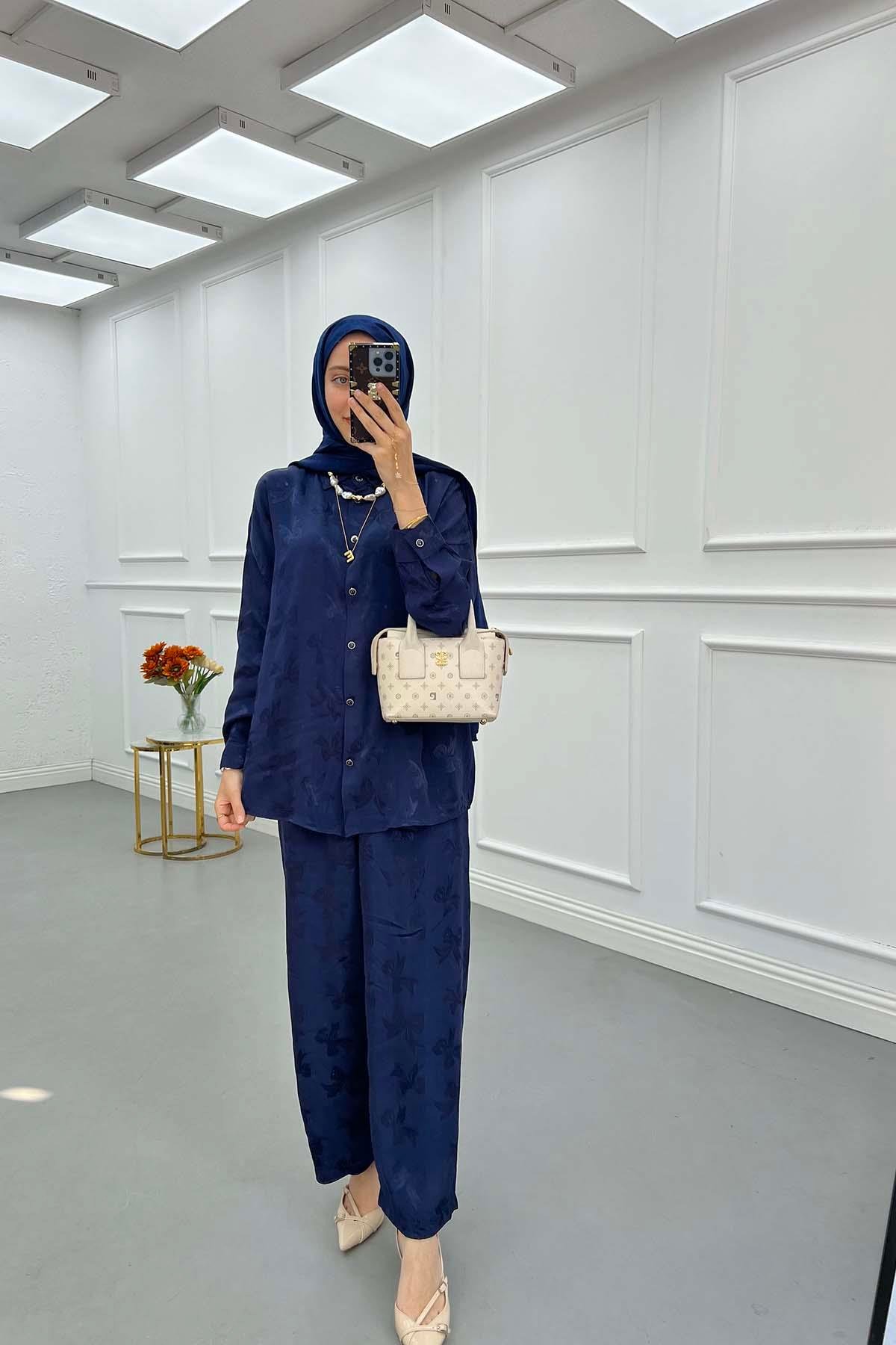 Sare Fashion Patterned Satin Suit Navy Blue