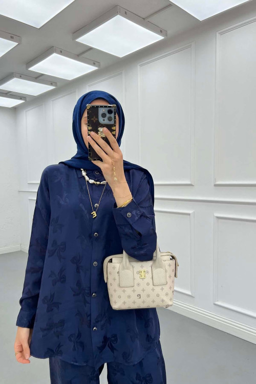 Sare Fashion Patterned Satin Suit Navy Blue
