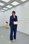 Sare Fashion Patterned Satin Suit Navy Blue