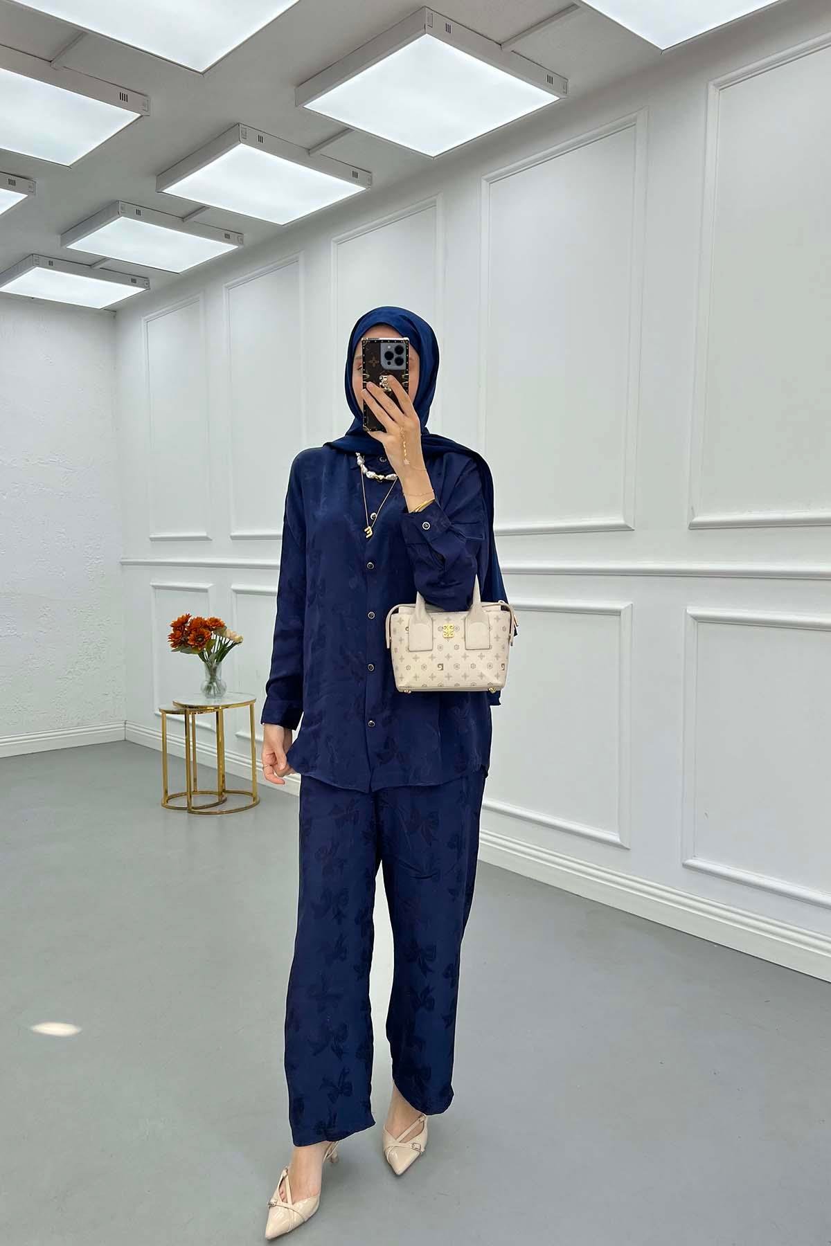 Sare Fashion Patterned Satin Suit Navy Blue