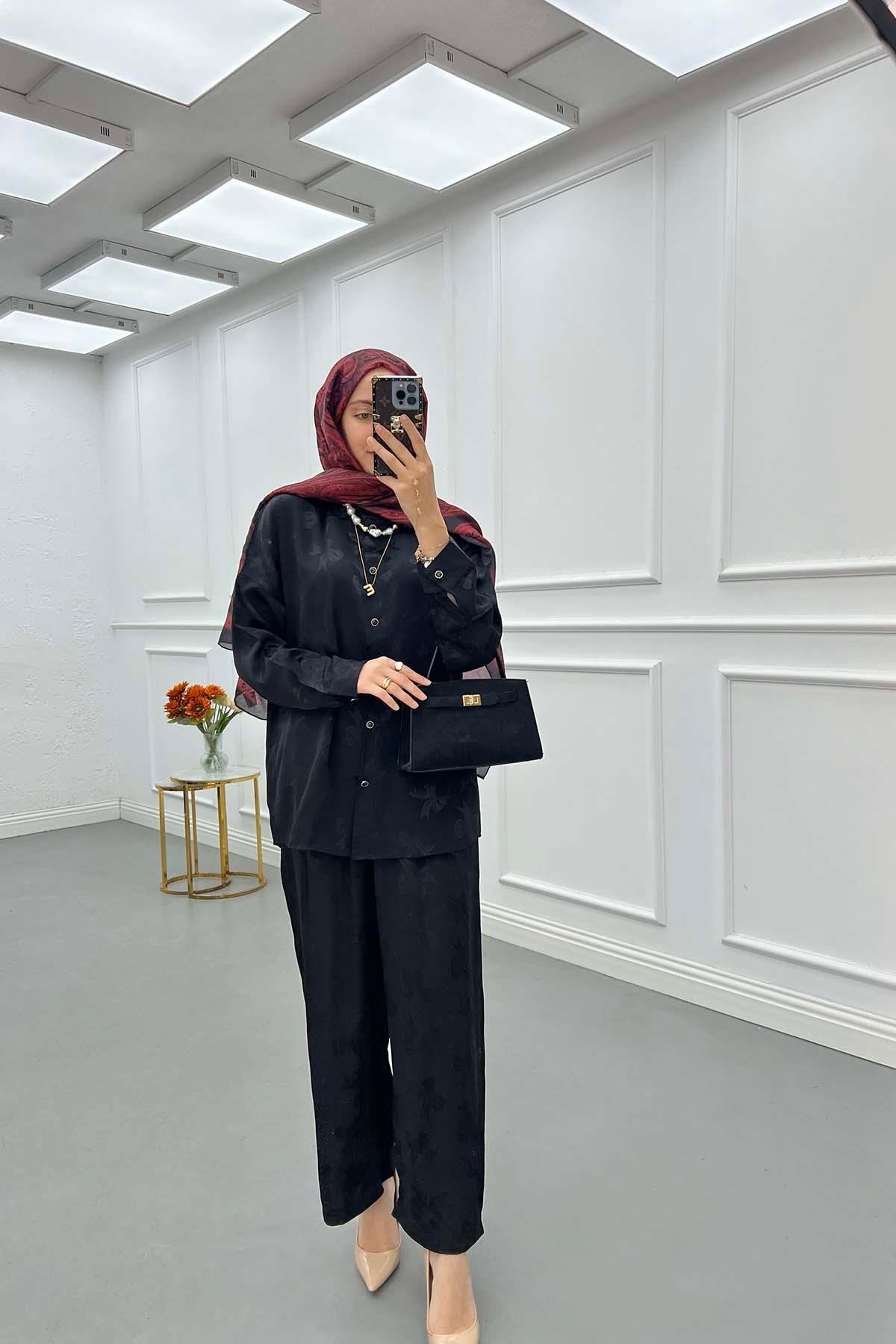 Sare Fashion Patterned Satin Suit Black