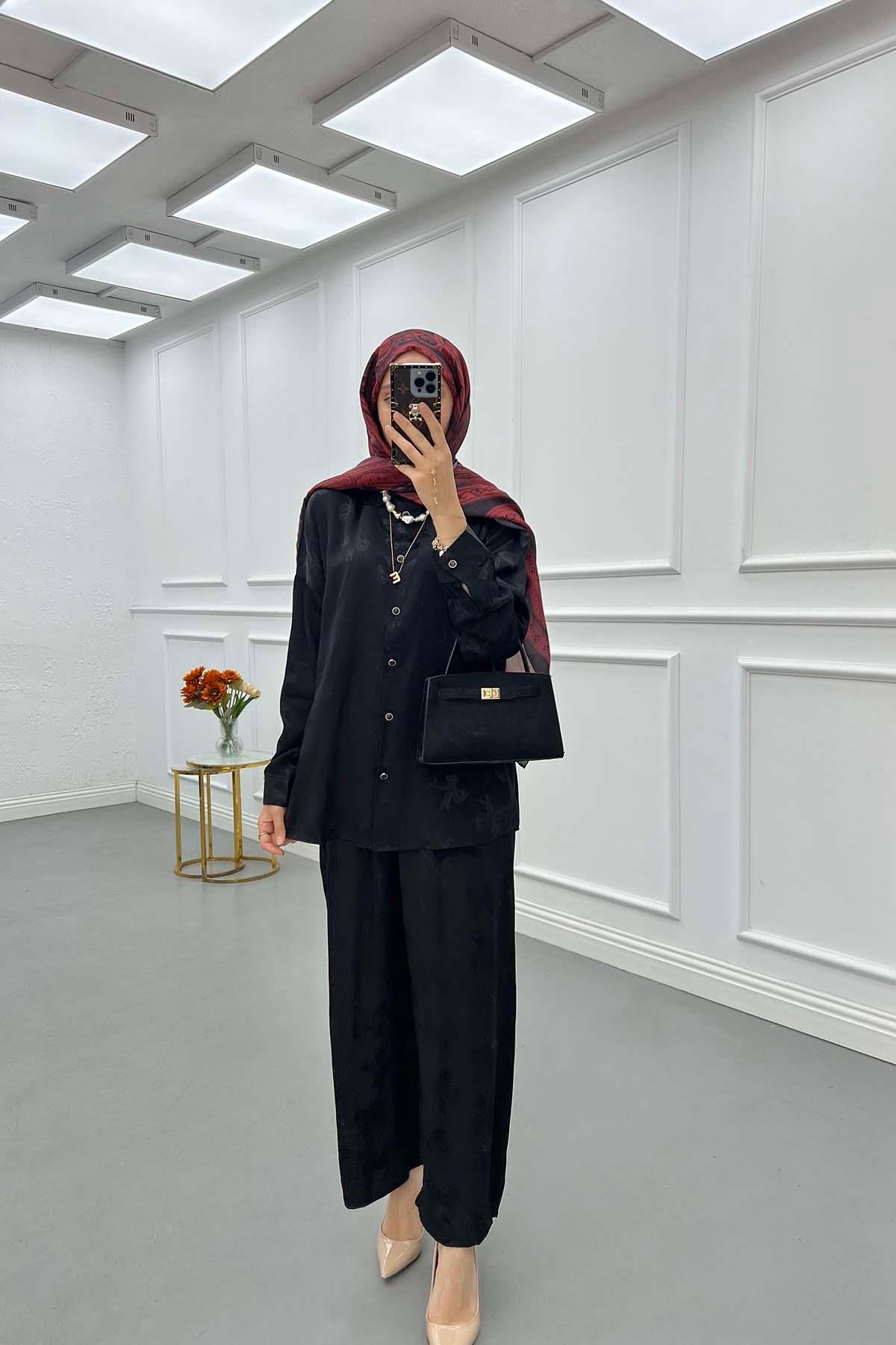 Sare Fashion Patterned Satin Suit Black