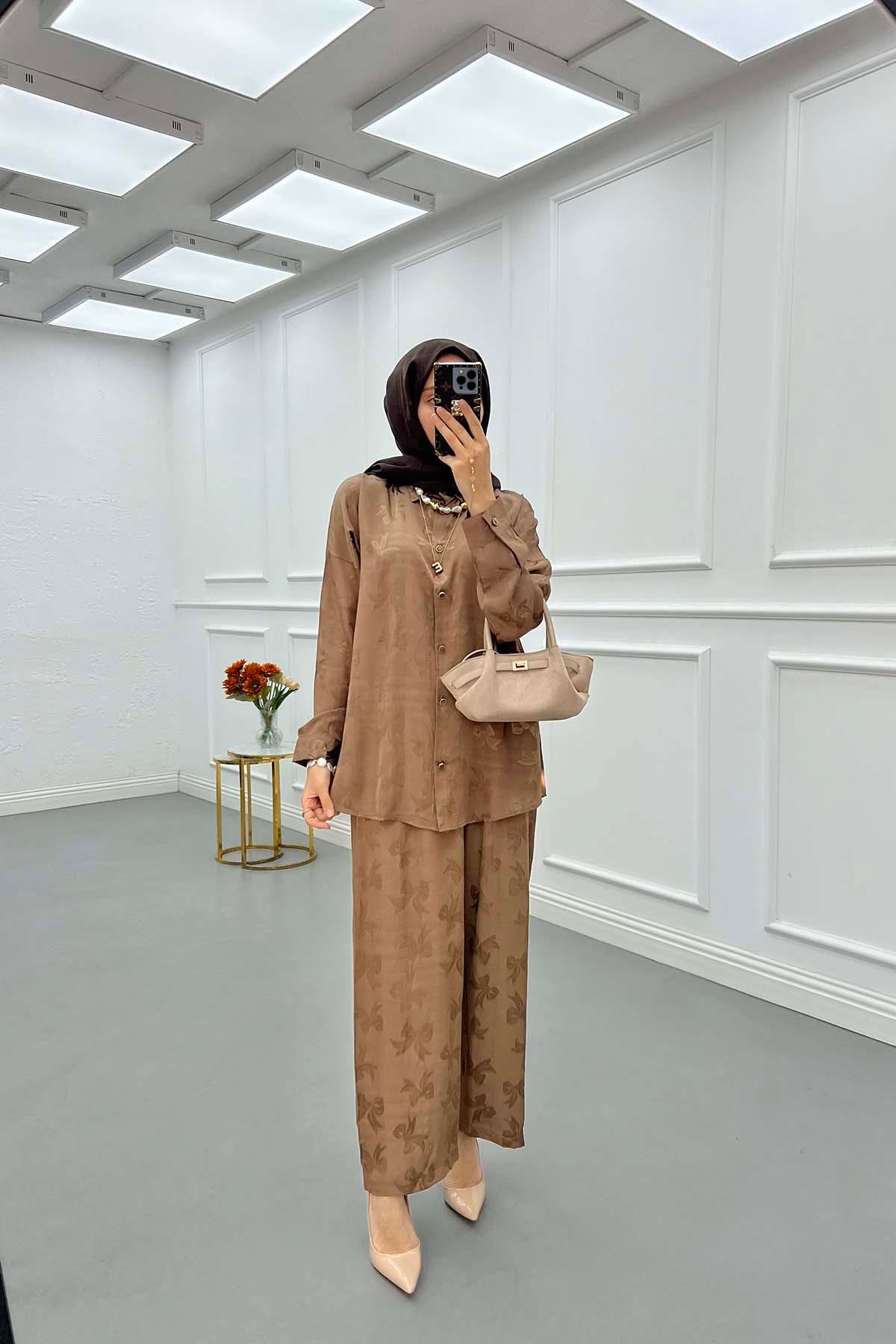 Sare Fashion Patterned Satin Suit Mink