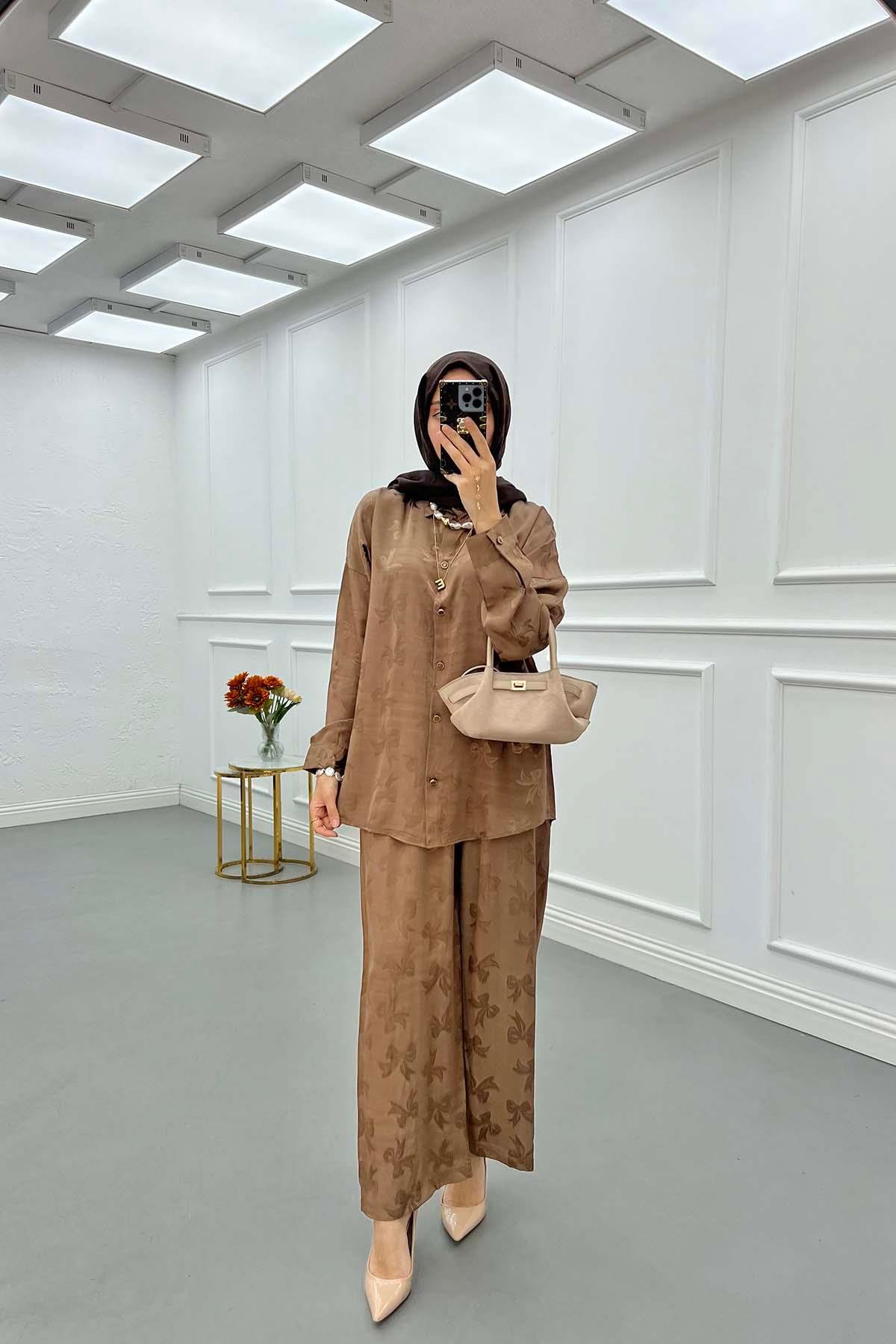 Sare Fashion Patterned Satin Suit Mink