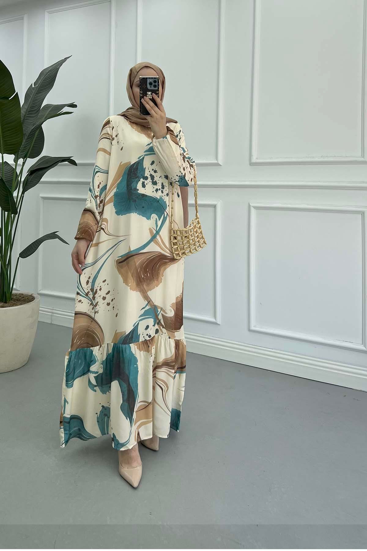 Sare Fashion Patterned Viscose Dress Beige