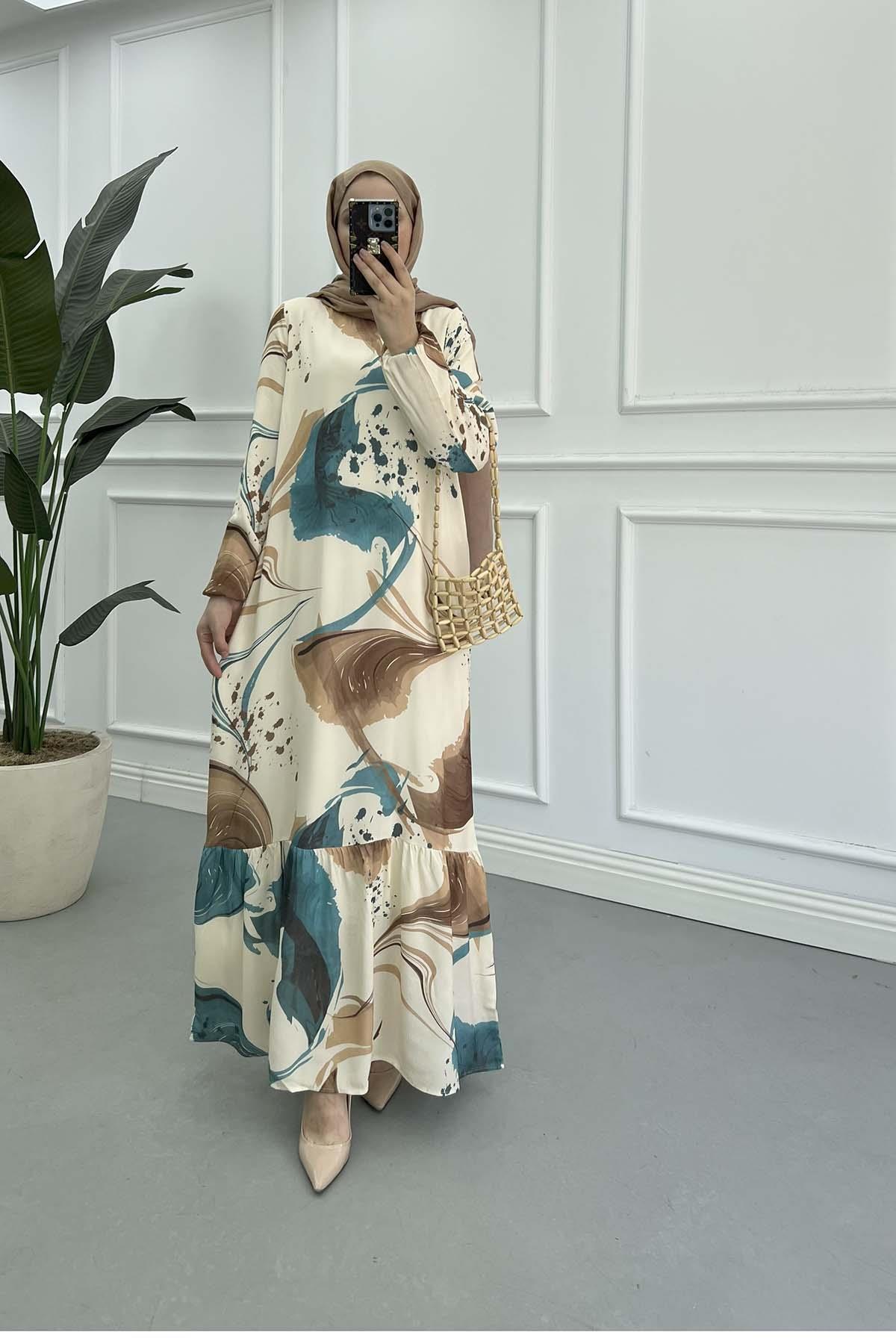 Sare Fashion Patterned Viscose Dress Beige