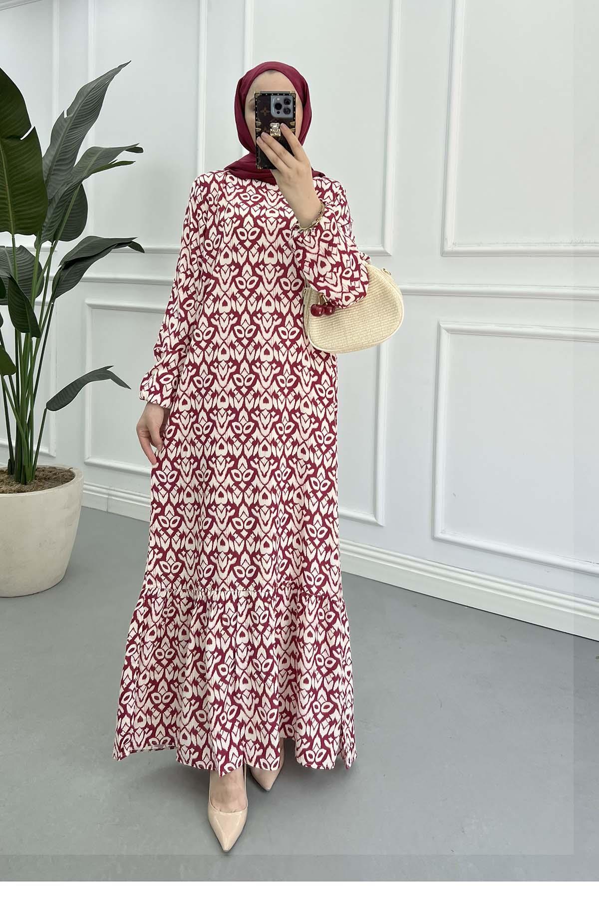 Sare Fashion Patterned Viscose Dress, Burgundy