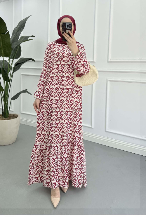 Sare Fashion Patterned Viscose Dress, Burgundy