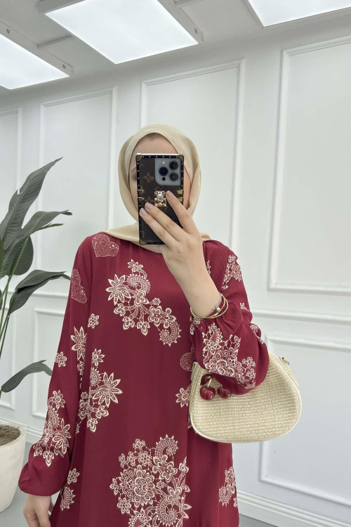 Sare Fashion Patterned Viscose Dress, Burgundy