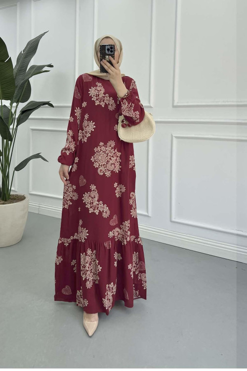 Sare Fashion Patterned Viscose Dress, Burgundy